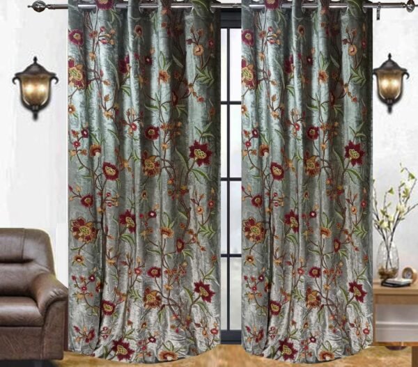One Pair of Luxury Premium Grey Velvet Crewel Curtain with Lining-Curtains for Living Room and Bedroom