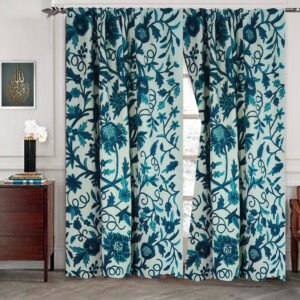 One Pair of beautiful sapphire blue handmade white crewel curtain with lining-Kashmir crewel mart