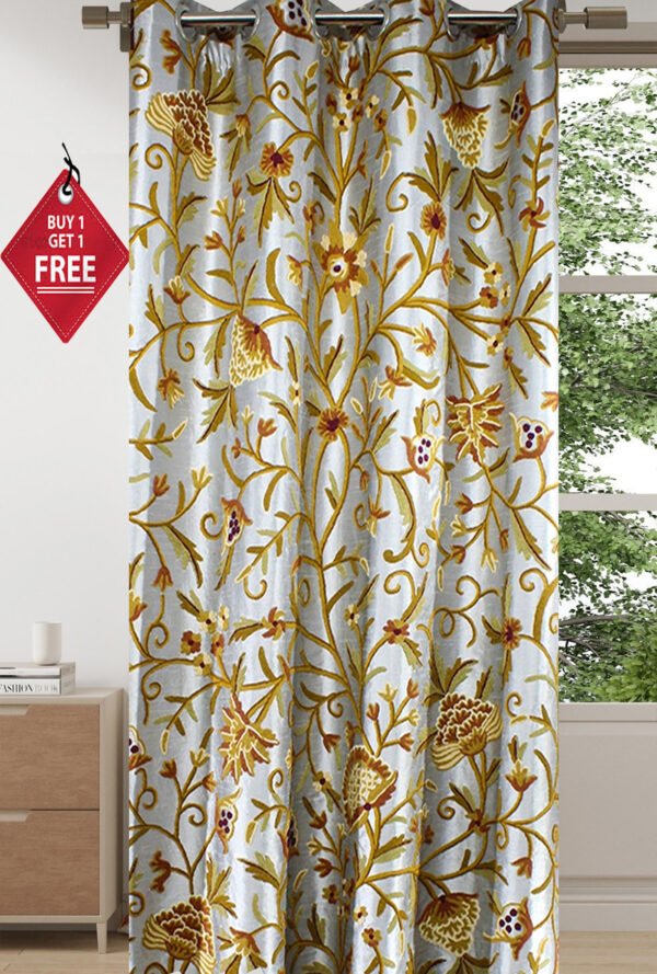One Pair of Luxury Handmade Dupioni Crewel Curtain with Lining-Kashmir Crewel Curtain