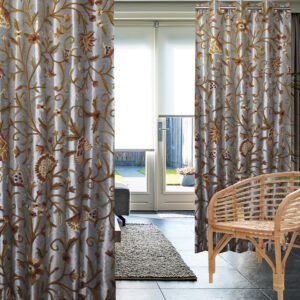 One Pair of Luxury Handmade Silk Dupioni Crewel Curtain with Lining