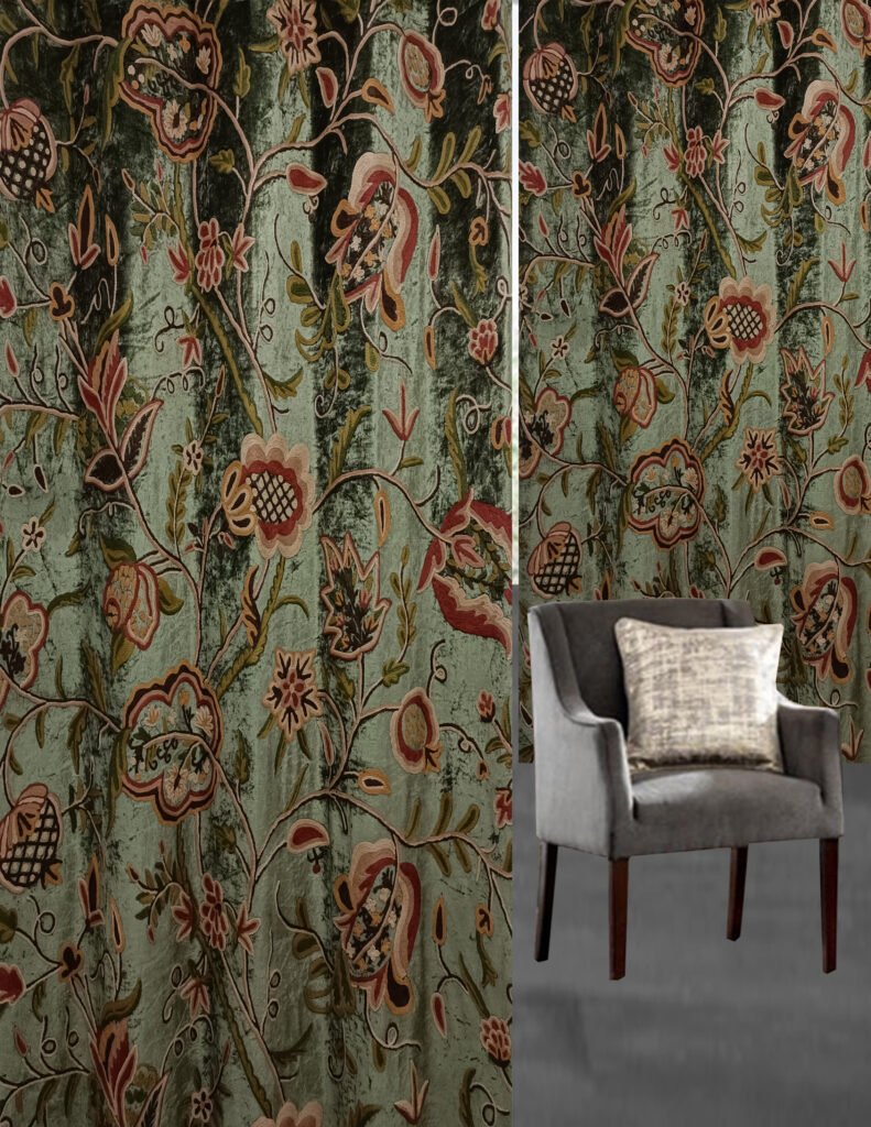 One Pair of Vintage Green Velvet Crewel Curtain with LiningCurtains