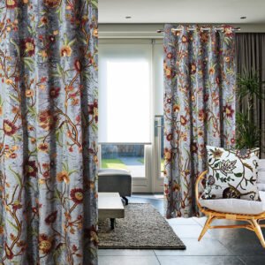One Pair of Luxury Handmade home furnishing premium grey velvet crewel curtain with lining-eyelet curtain