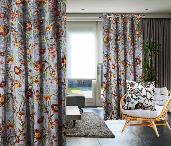 One Pair of Luxury Handmade home furnishing premium grey velvet crewel curtain with lining-eyelet curtain