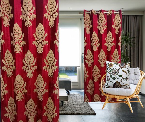 One Pair of Sparkling Diamond Red Velvet Crewel Curtain with Lining