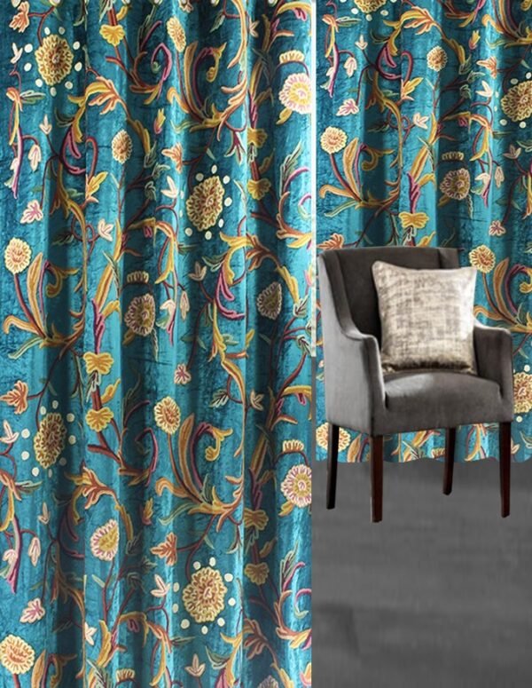 One pair of Luxury Turquoise Velvet crewel curtain with Lining-kashmir crewel-curtains for living room and bedroom