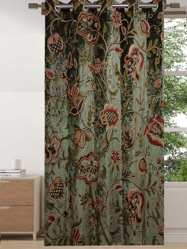 One pair of Vintage Green Velvet Crewel Curtain with Lining-Curtains for living room and bedroom