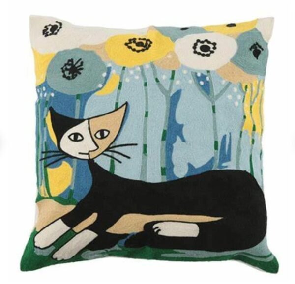 Picasso cute cat multi-hued accent pillow cover hand-embroidered silk 18 x 18-high end pillow-modern couch pillow-home decor-gifts for her