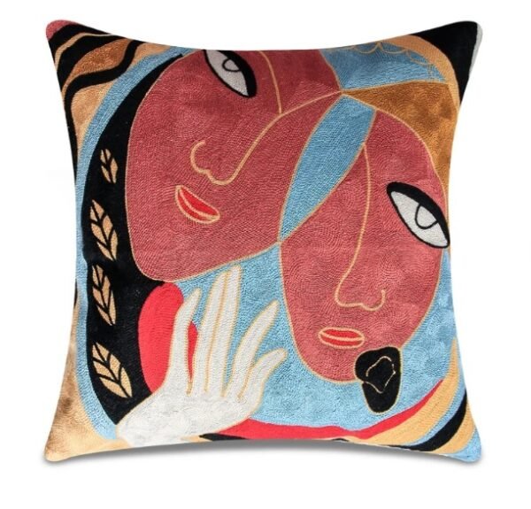 Picasso dual face-Modern accent decorative throw-pillow-cover-chain-stitch-embroidery-pattern-in-the-fusion-of-handmade-art-silk 18 x 18-home decor