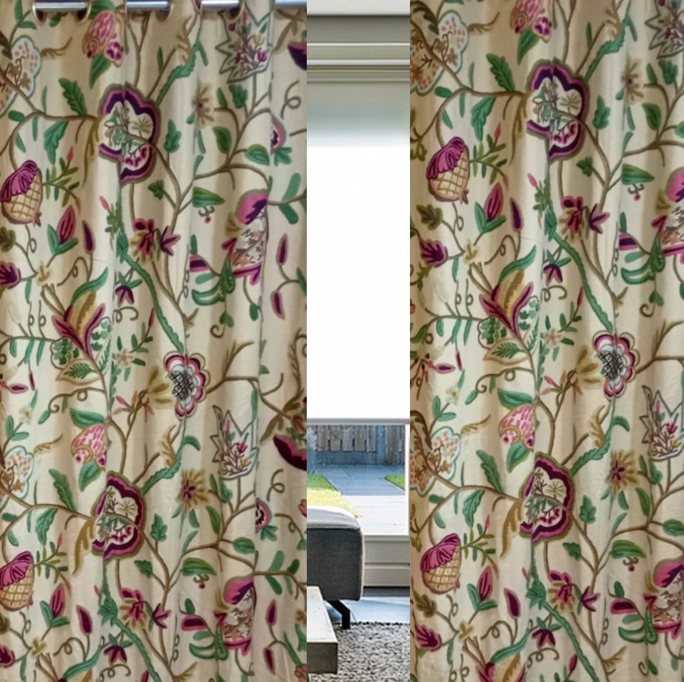 One Pair of Luxury Finest Handmade Crewel Embroidery Curtain with