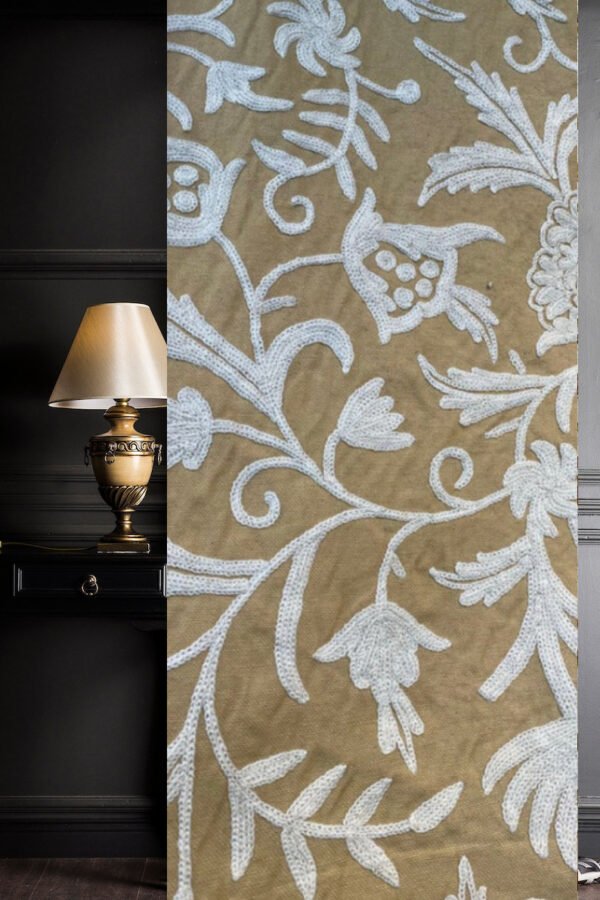 Beautiful vintage luxury white on beige crewel embroidery curtain with lining-crewel upholstery fabric-made to measure curtains-