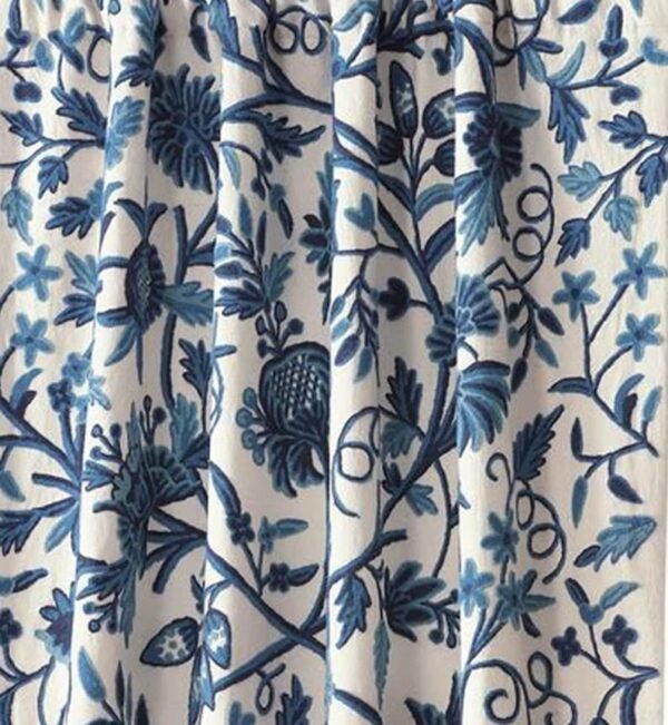 One Pair of beautiful sapphire blue handmade white crewel embroidery curtain with lining-Kashmir crewel mart-