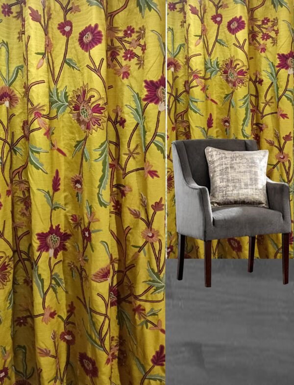 One Pair of Luxury Handmade Dupioni Crewel Curtain with Lining-Kashmir Crewel Curtain-Dupioni Curtain