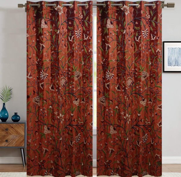 One Pair of Luxury Princeton Rust Velvet Crewel Curtain with Lining-Kashmir Crewel-Living Room Curtains