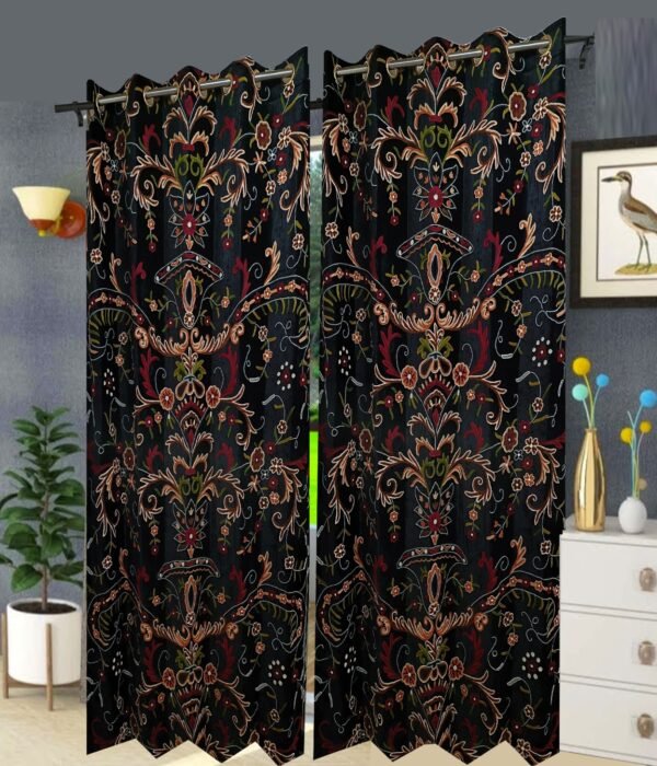 Buy One Get One-Luxury Onyx Black Velvet Crewel Curtain with Lining-Curtains for Living Room and Bedroom
