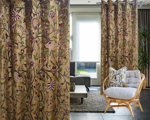 Buy One Get One Free-Luxury Premium Gold Velvet Crewel Curtain with Lining-Kashmir Crewel-Valances Curtains For Living Room