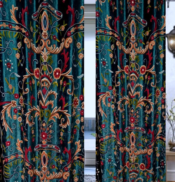 Buy One Get One-Vintage Teal Green Velvet Crewel Handmade Curtain with Lining-Curtain for Living Room-Crewel Embroidery Curtain