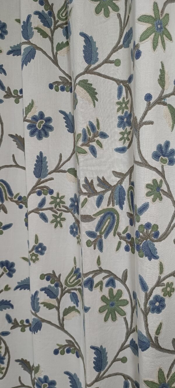 Beautiful sapphire-blue ruffled blooms crewel embroidery curtain with lining-Kashmir crewel-upholstery fabric-luxury curtains for bedroom- - Image 11