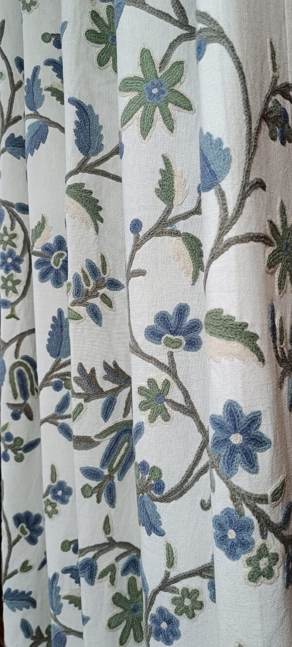 Beautiful sapphire-blue ruffled blooms crewel embroidery curtain with lining-Kashmir crewel-upholstery fabric-luxury curtains for bedroom- - Image 9