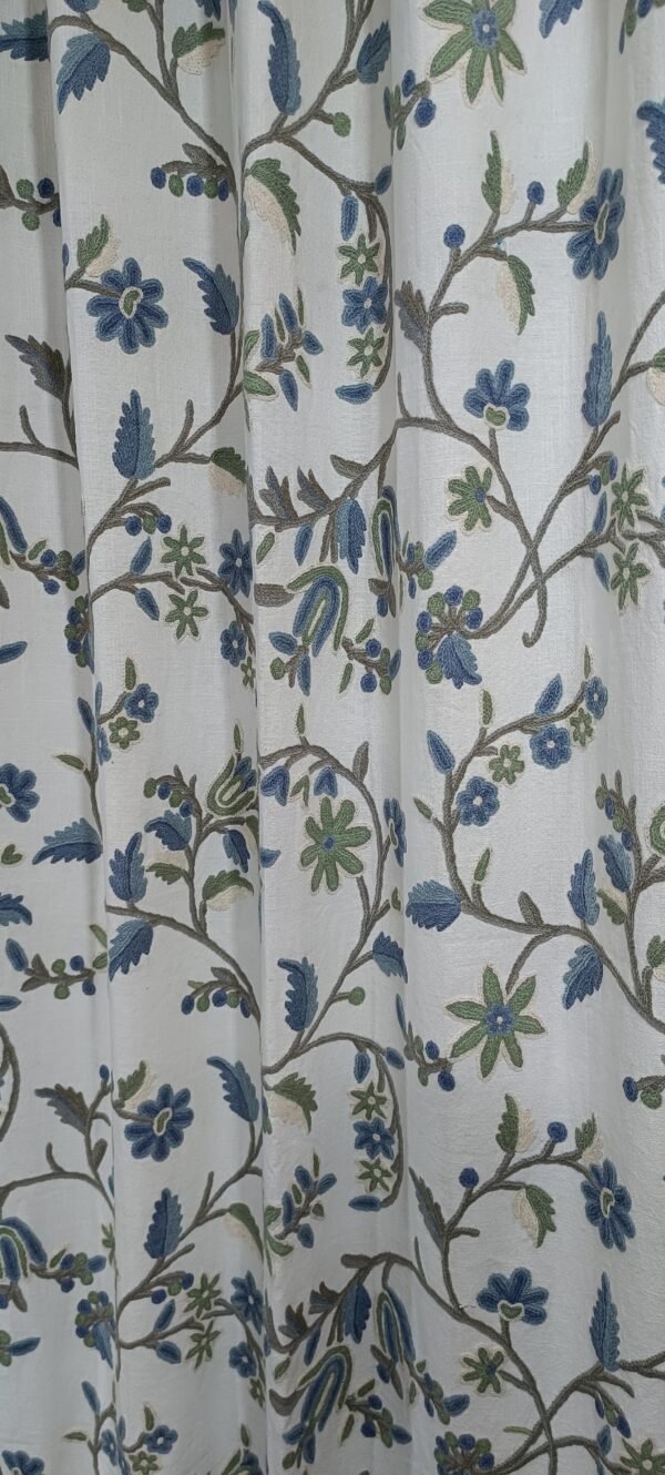 Beautiful sapphire-blue ruffled blooms crewel embroidery curtain with lining-Kashmir crewel-upholstery fabric-luxury curtains for bedroom- - Image 8