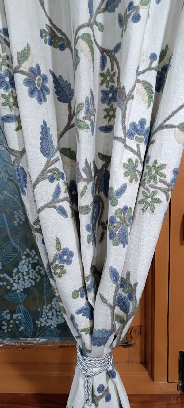 Beautiful sapphire-blue ruffled blooms crewel embroidery curtain with lining-Kashmir crewel-upholstery fabric-luxury curtains for bedroom- - Image 7
