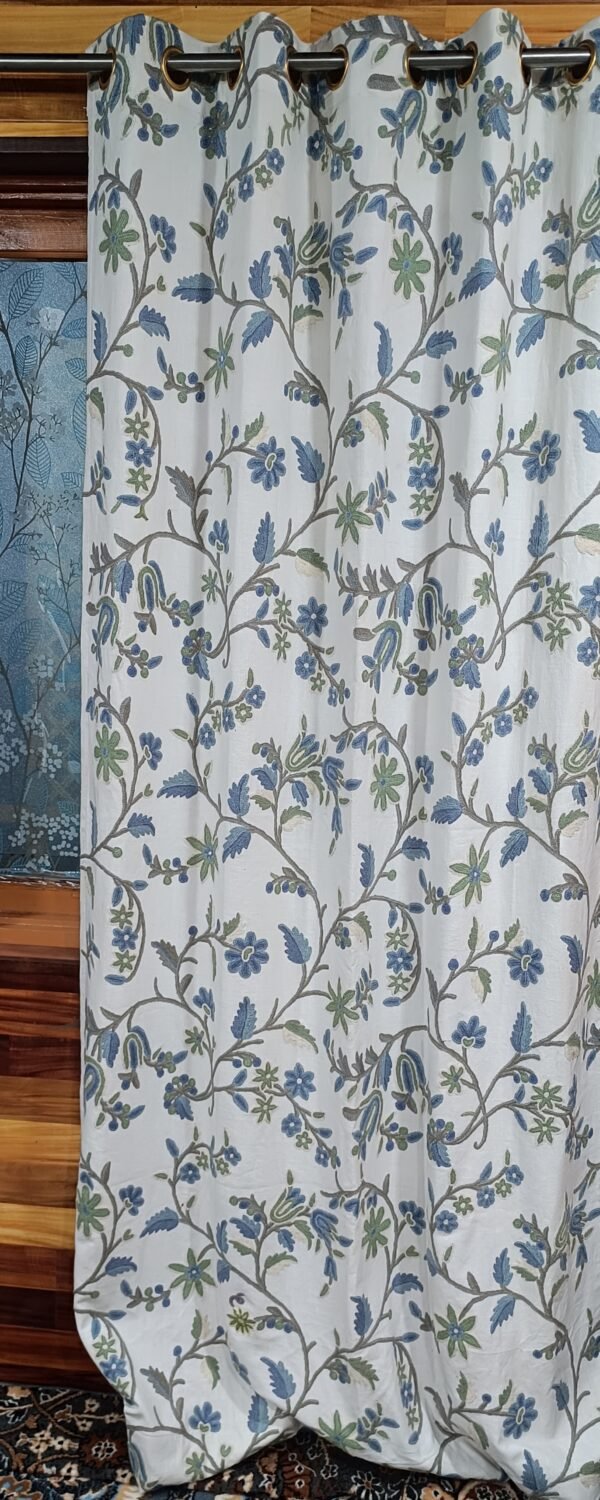 Beautiful sapphire-blue ruffled blooms crewel embroidery curtain with lining-Kashmir crewel-upholstery fabric-luxury curtains for bedroom- - Image 6