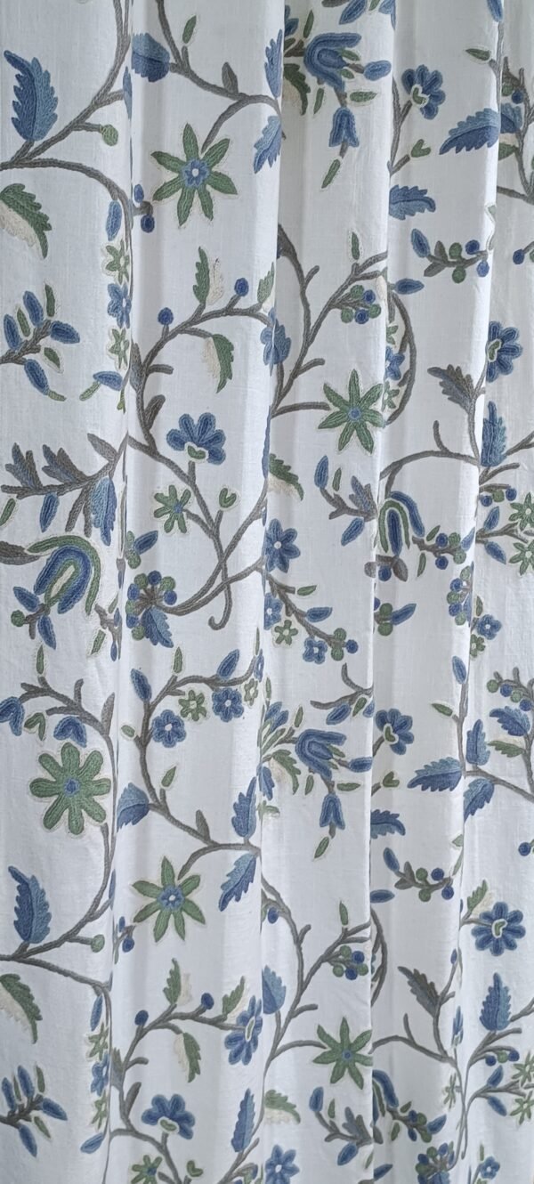 Beautiful sapphire-blue ruffled blooms crewel embroidery curtain with lining-Kashmir crewel-upholstery fabric-luxury curtains for bedroom- - Image 5