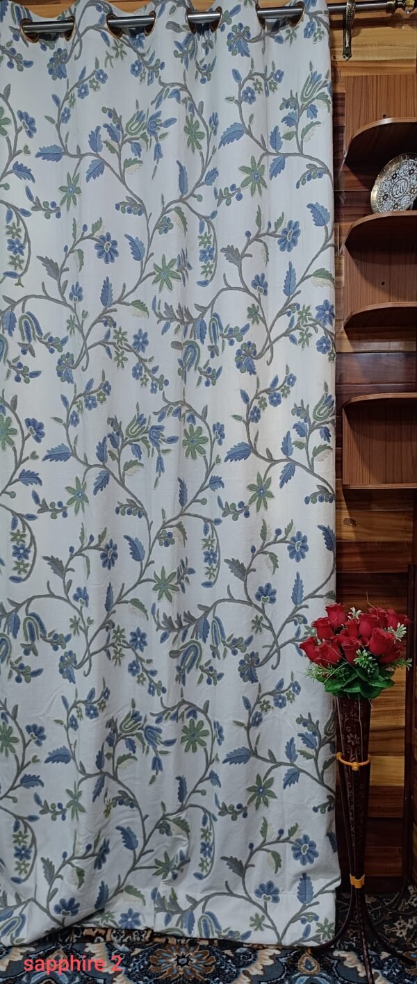 Beautiful sapphire-blue ruffled blooms crewel embroidery curtain with lining-Kashmir crewel-upholstery fabric-luxury curtains for bedroom- - Image 4