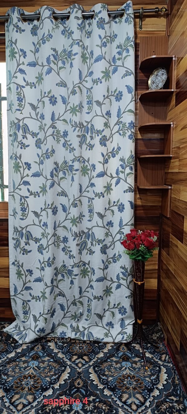 Beautiful sapphire-blue ruffled blooms crewel embroidery curtain with lining-Kashmir crewel-upholstery fabric-luxury curtains for bedroom- - Image 2
