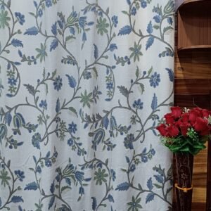 Beautiful sapphire-blue ruffled blooms crewel embroidery curtain with lining-Kashmir crewel-upholstery fabric-luxury curtains for bedroom-
