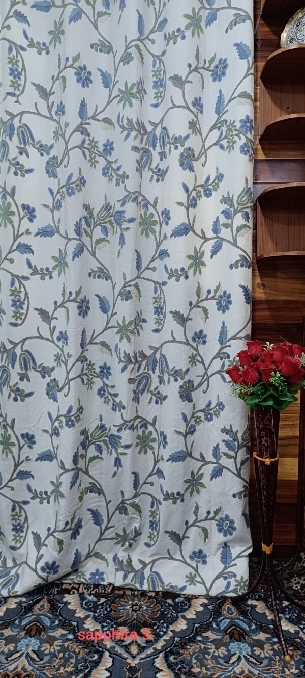 Beautiful sapphire-blue ruffled blooms crewel embroidery curtain with lining-Kashmir crewel-upholstery fabric-luxury curtains for bedroom-