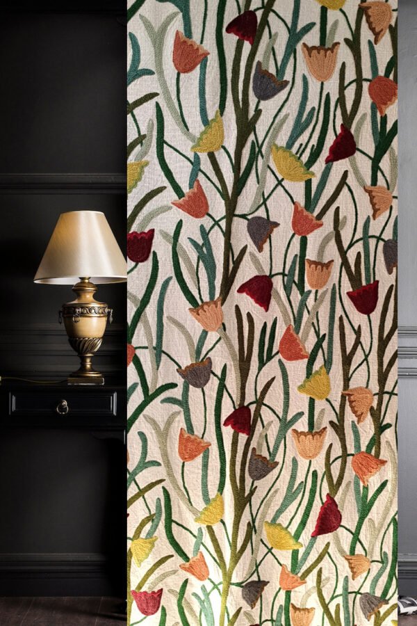 Beautiful blooming tulips handmade crewel embroidery curtain with lining-Kashmir crewel-upholstery fabric-luxury curtains for bedroom