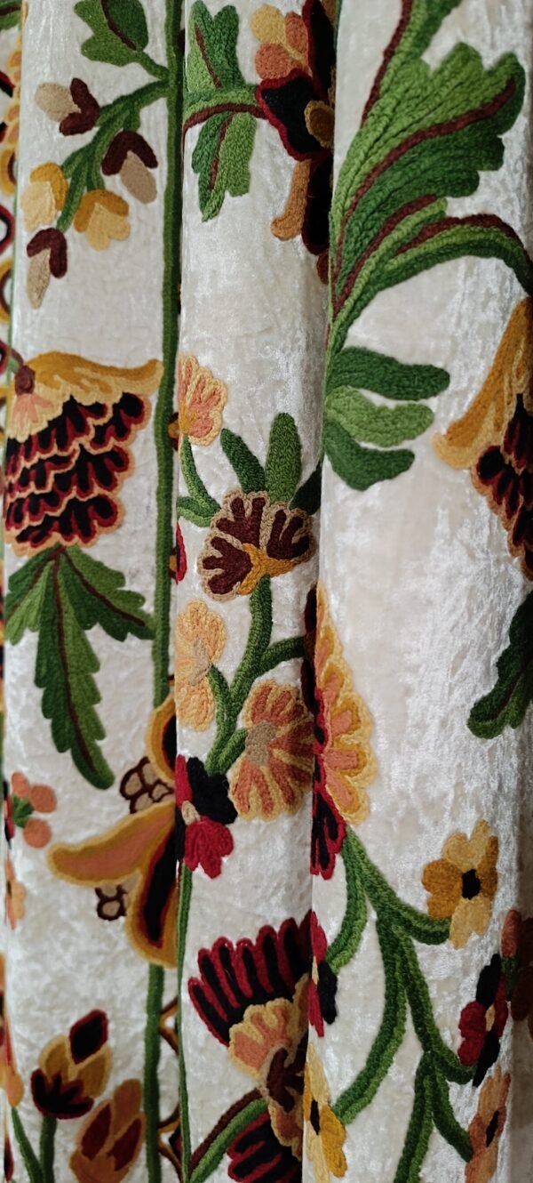 Snowflake dreams intricately embroidered velvet curtain-White velvet luxury curtains and drapes-Kashmir Handmade Crewel- - Image 7
