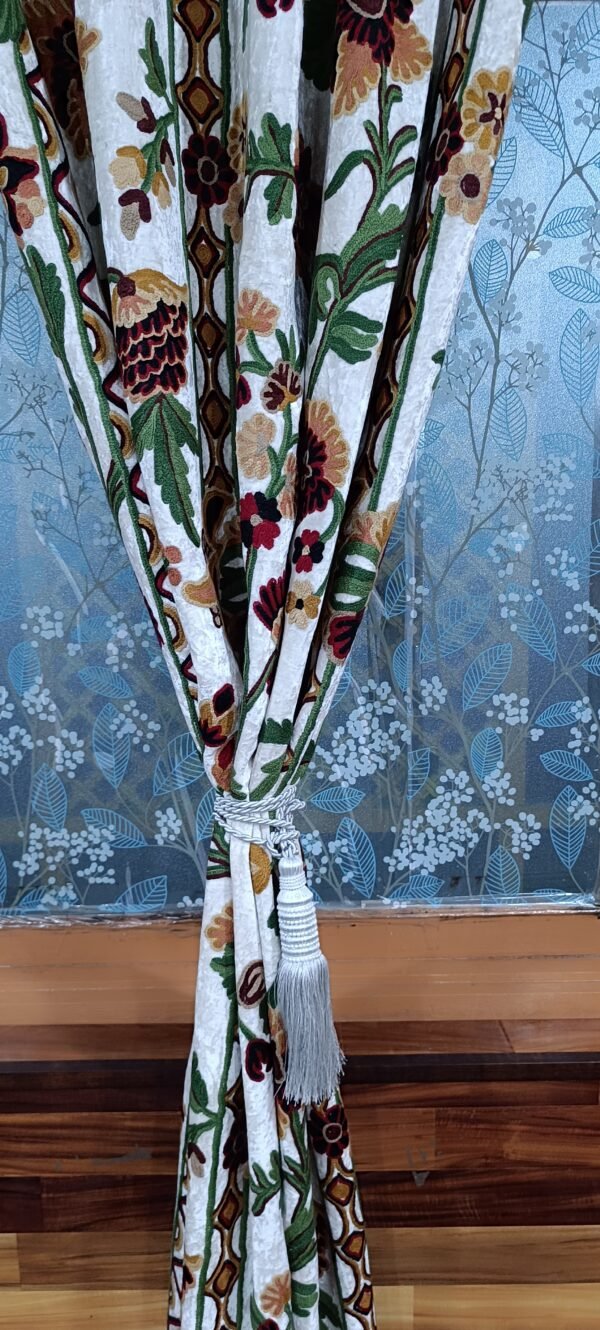 Snowflake dreams intricately embroidered velvet curtain-White velvet luxury curtains and drapes-Kashmir Handmade Crewel- - Image 8