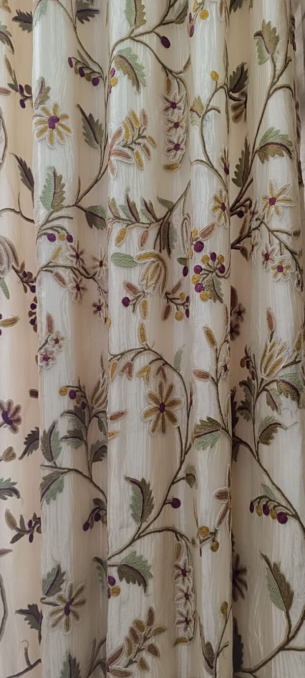 Artisanal Embellishment Silken Splendor Beautiful Hand-Embroidered Organza Crewel Curtain with Lining-Vintage Crewel Curtains