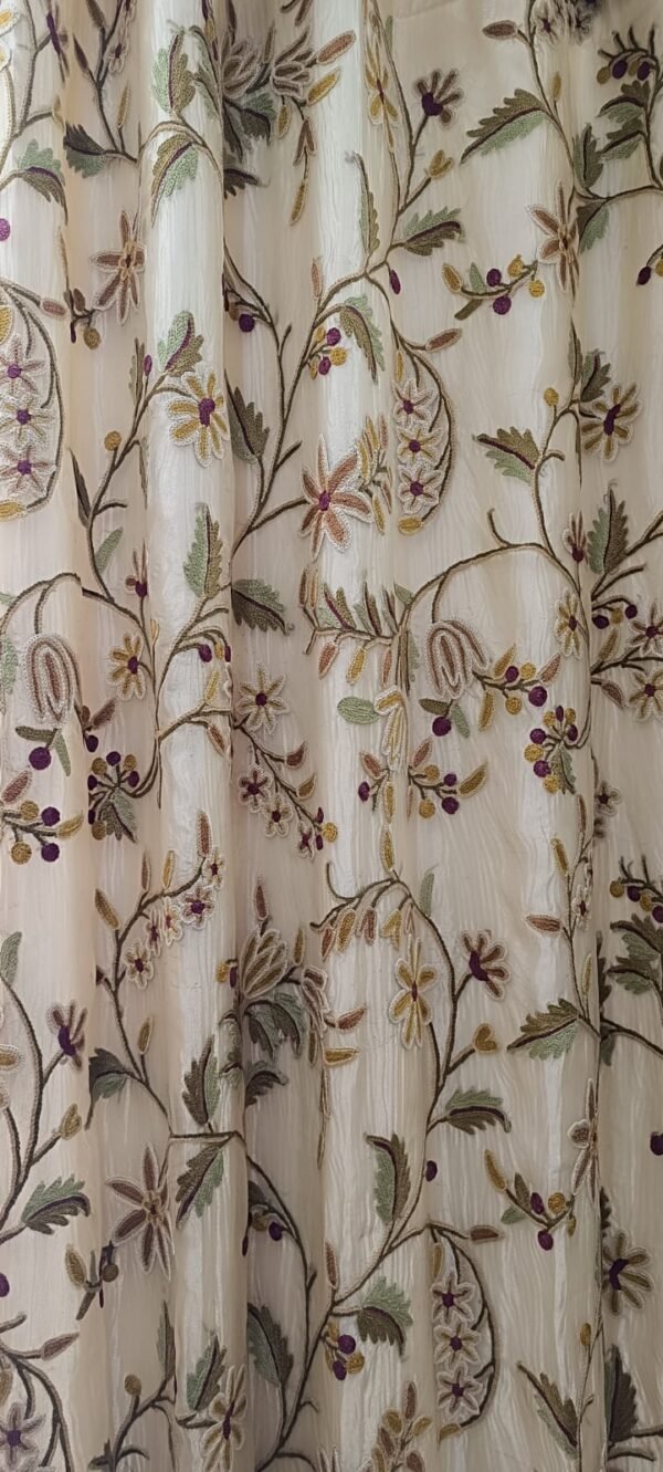 Artisanal Embellishment Silken Splendor Beautiful Hand-Embroidered Organza Crewel Curtain with Lining-Vintage Crewel Curtains