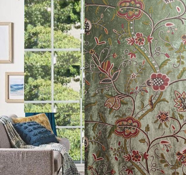 Beautiful Floral Luxury Vintage Olive Green Velvet Crewel Embroidery Curtains & Drapes-Crewel Upholstery-Kashmir Crewel-