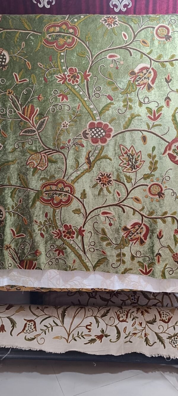 Beautiful Floral Luxury Vintage Olive Green Velvet Crewel Embroidery Curtains & Drapes-Crewel Upholstery-Kashmir Crewel-