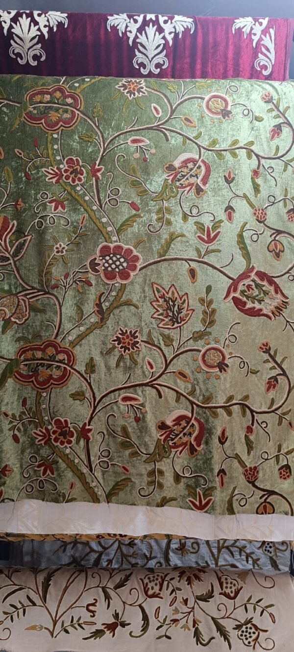 Beautiful Floral Luxury Vintage Olive Green Velvet Crewel Embroidery Curtains & Drapes-Crewel Upholstery-Kashmir Crewel-