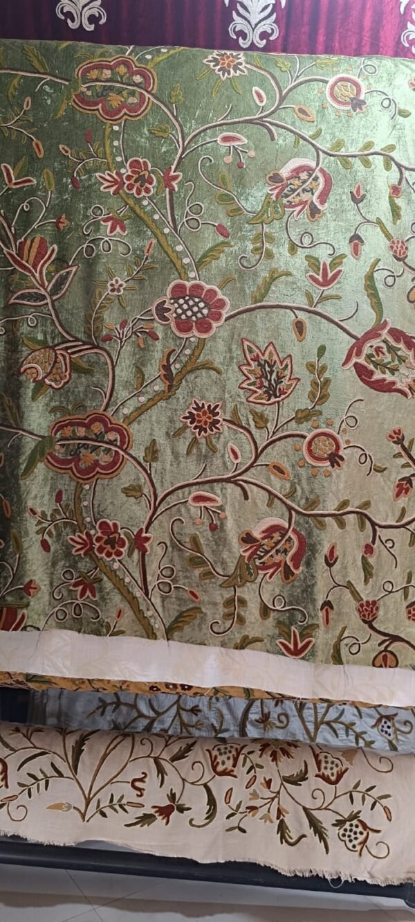 Beautiful Floral Luxury Vintage Olive Green Velvet Crewel Embroidery Curtains & Drapes-Crewel Upholstery-Kashmir Crewel-