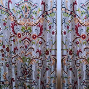 Luminous Silver Silk Organza crewel embroidery curtain with lining- Handwoven Luxury Kashmir Crewel-Vintage curtains and drapes-