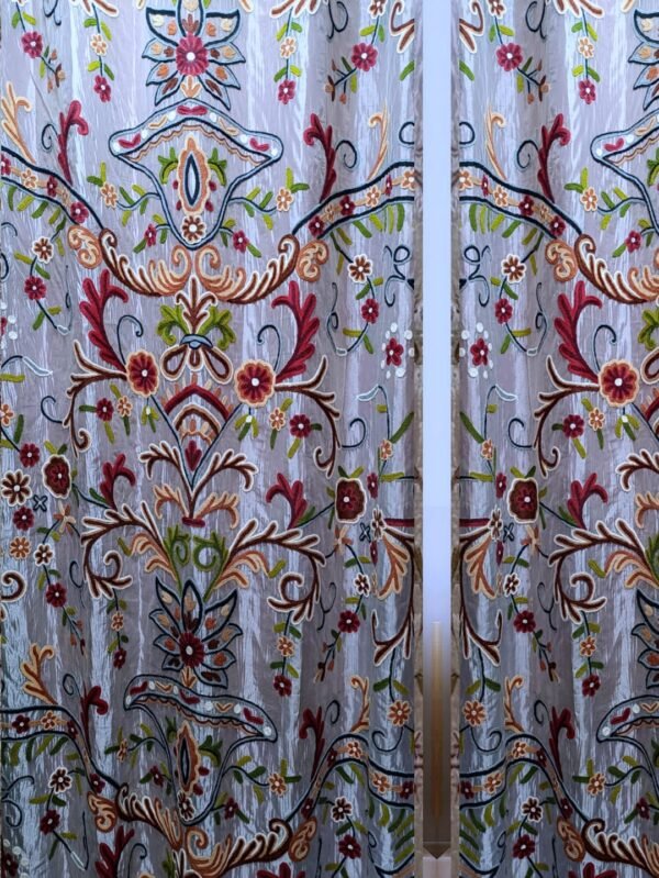 Luminous Silver Silk Organza crewel embroidery curtain with lining- Handwoven Luxury Kashmir Crewel-Vintage curtains and drapes-